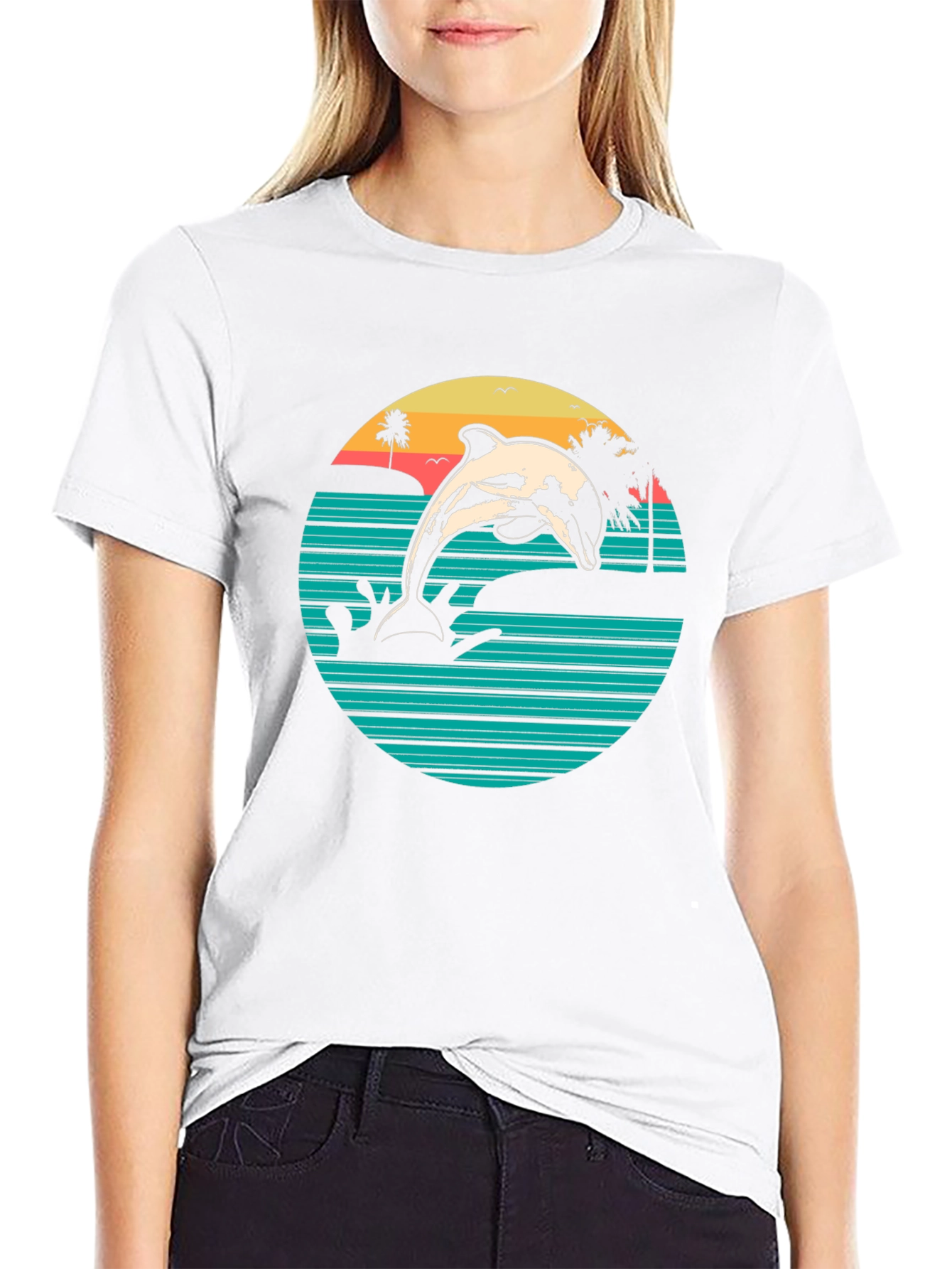 Retro Dolphin Beach Sunset Graphic T-Shirt