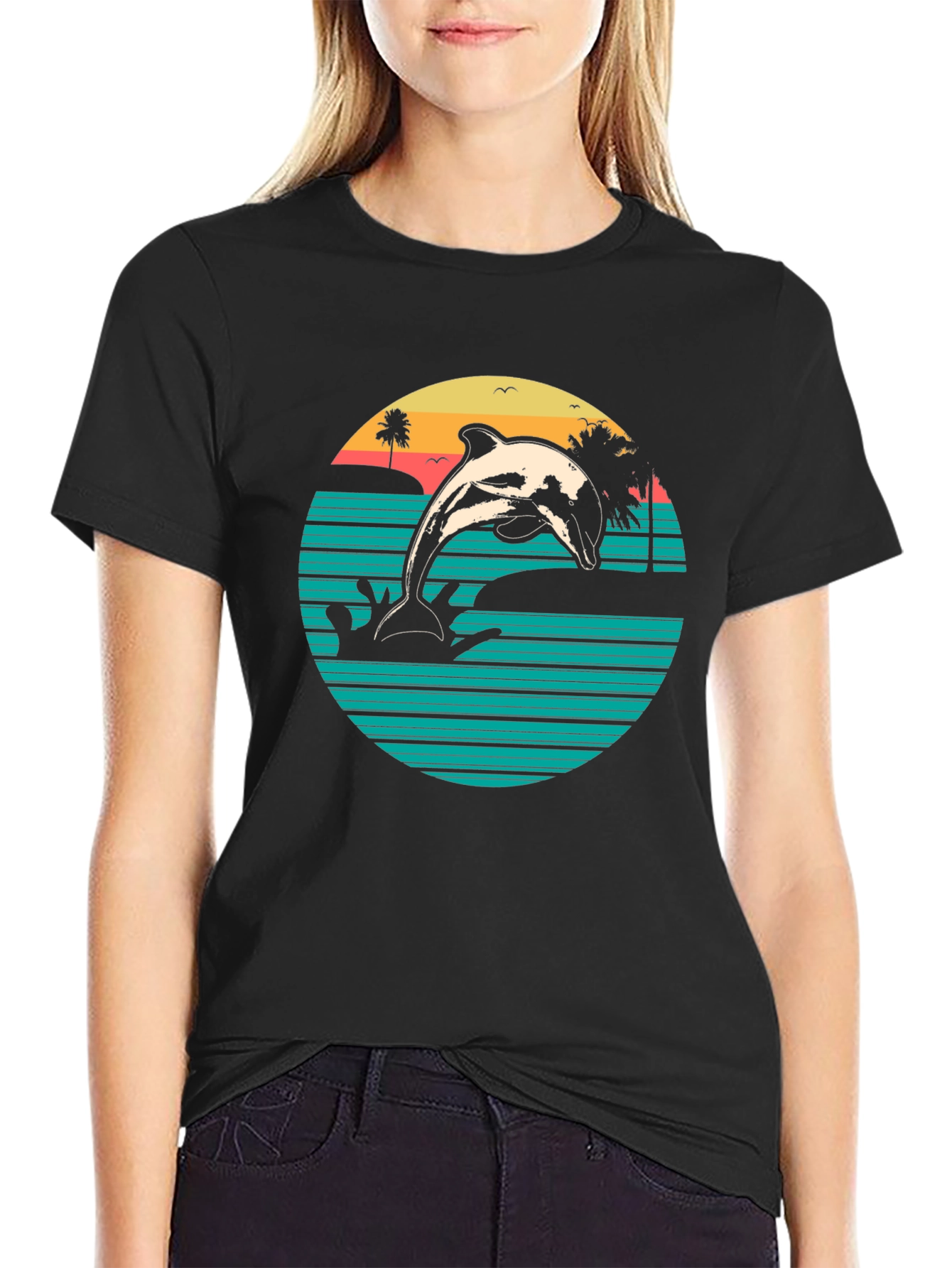 Retro Dolphin Beach Sunset Graphic T-Shirt