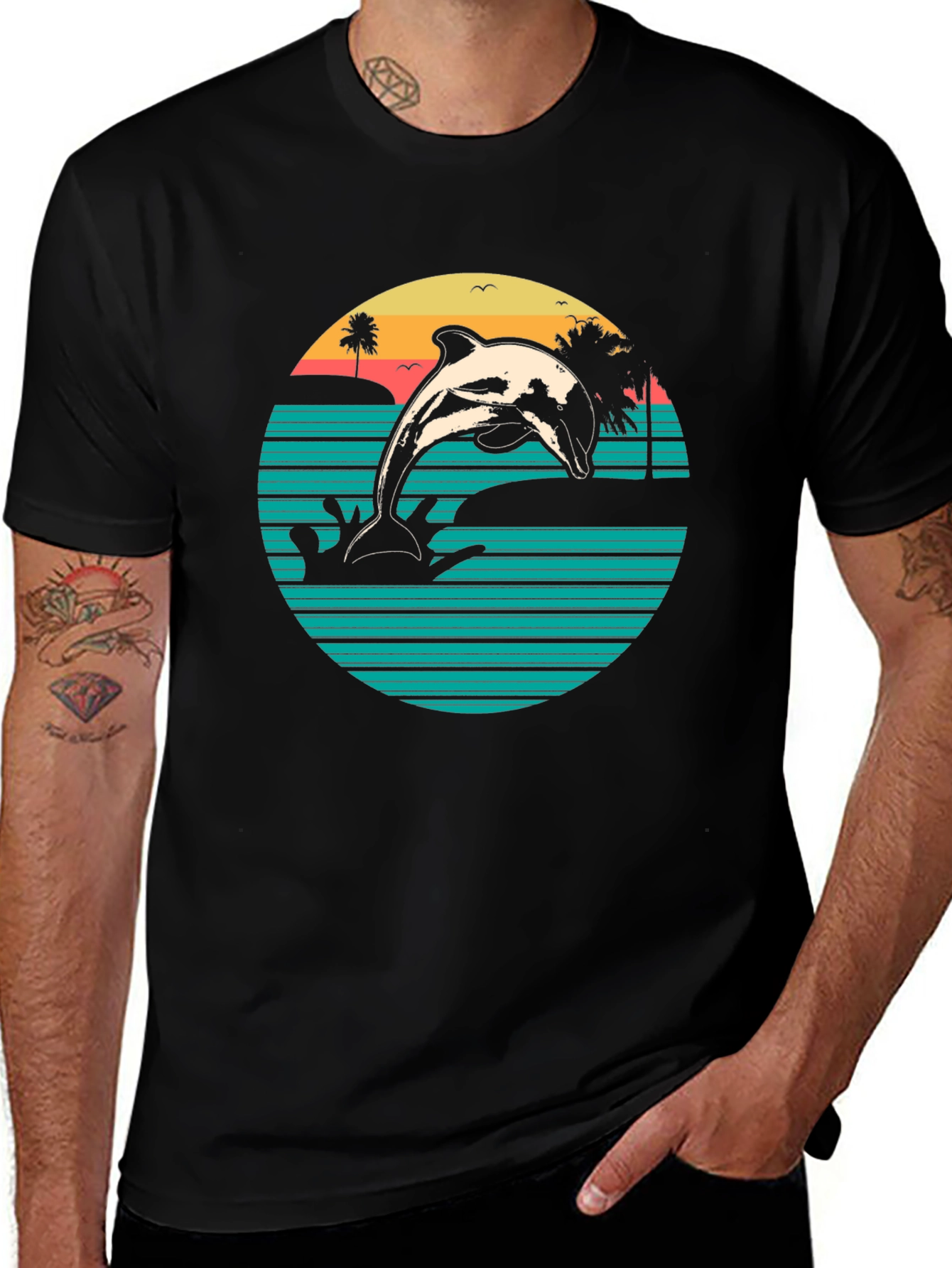 Retro Dolphin Beach Sunset Graphic T-Shirt